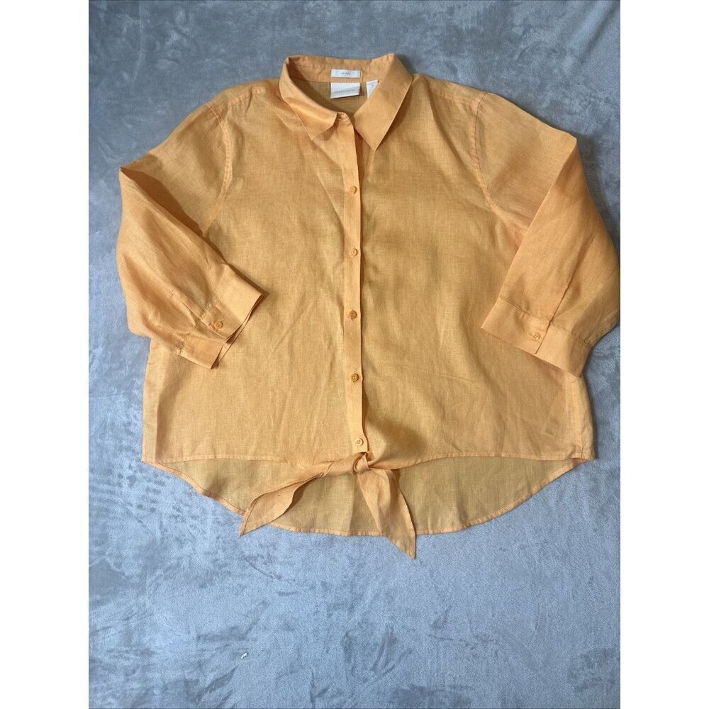 Chico’s Button Up Tip Up Blouse 100% Linen Orange Size 3 - Picture 7 of 10